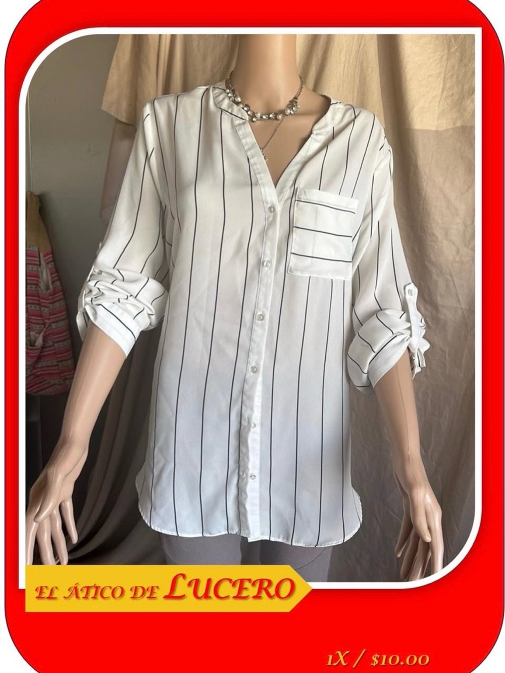 Simply Emma White Button-Down Tunic with Black Pinstripes
